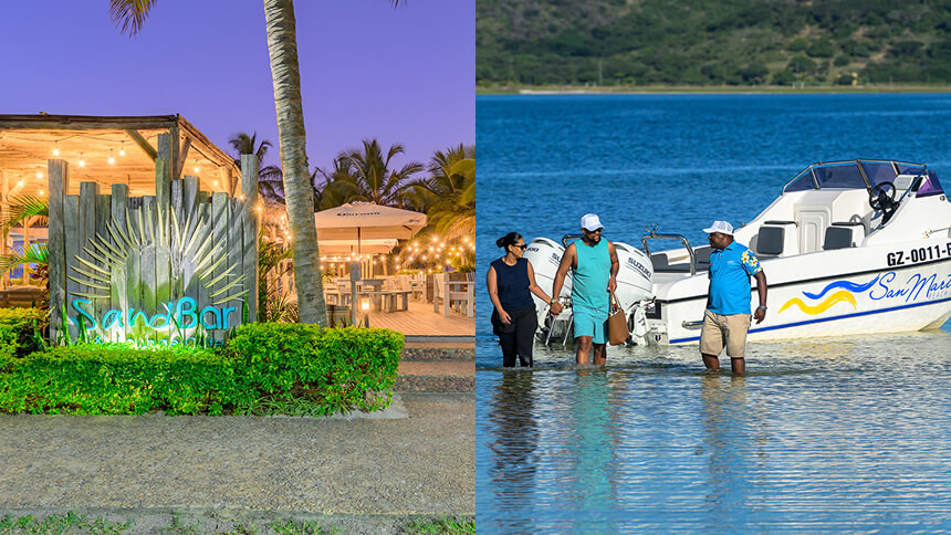 Split image showing a beachfront restaurant entrance with a “SandBar” sign on the left, and people wading beside a motorboat in shallow coastal waters on the right.