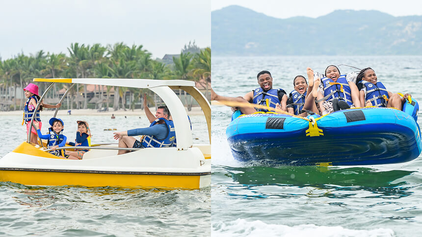 Split image showing family-friendly water activities, with people wearing life jackets on a pedal boat on the left and riders on an inflatable tow tube over the water on the right.